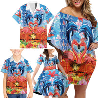 Hawaiian Love-Couple Dolphins and Flamingos Family Matching Off Shoulder Short Dress and Hawaiian Shirt - Polynesian Pride