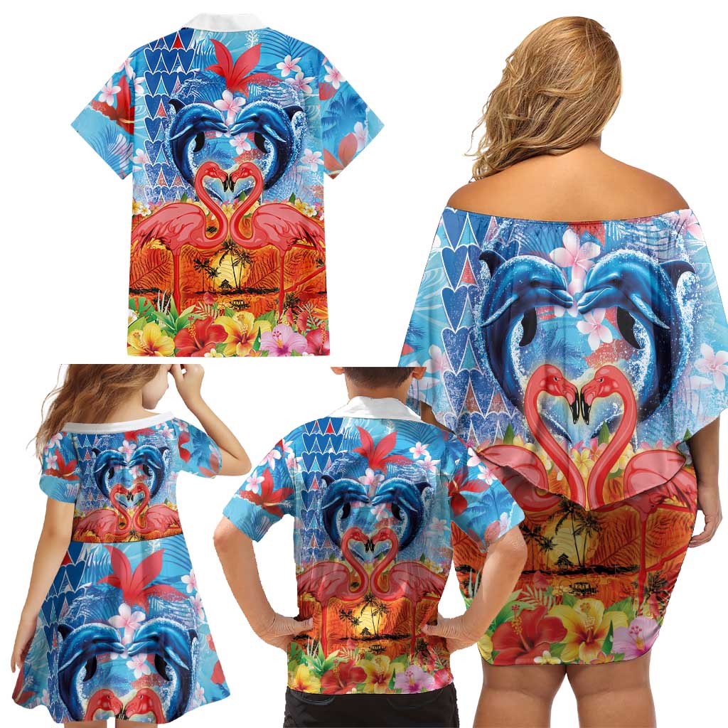 Hawaiian Love-Couple Dolphins and Flamingos Family Matching Off Shoulder Short Dress and Hawaiian Shirt - Polynesian Pride