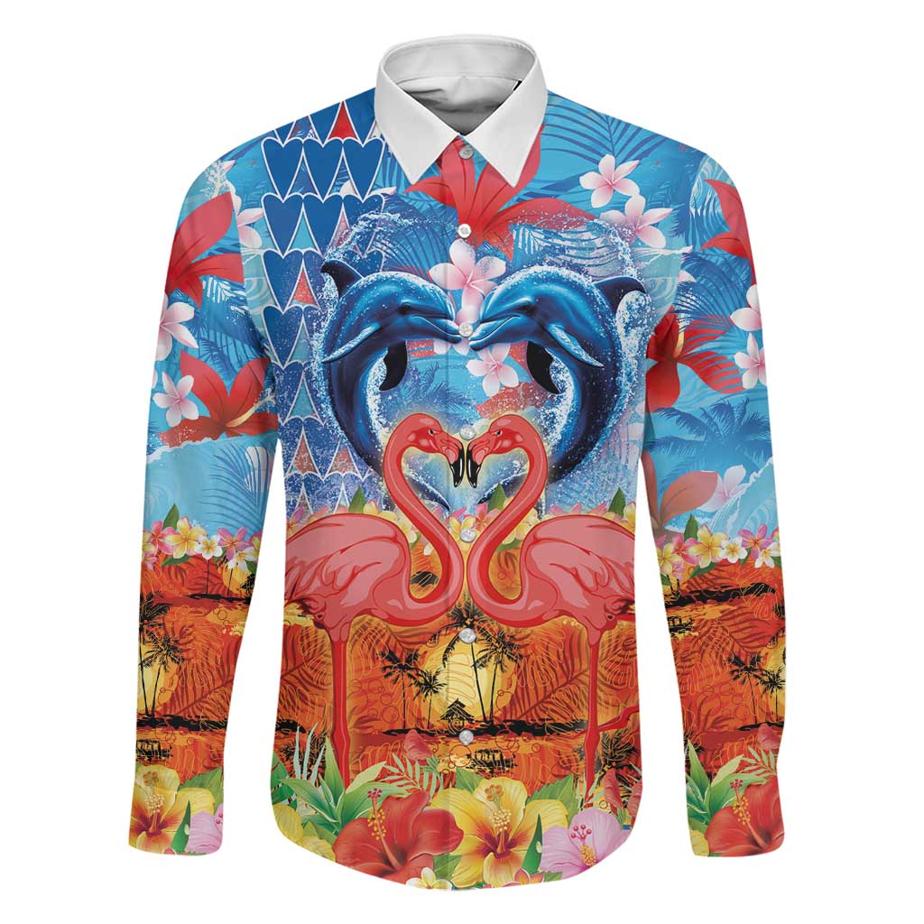 Hawaiian Love-Couple Dolphins and Flamingos Family Matching Off Shoulder Short Dress and Hawaiian Shirt - Polynesian Pride