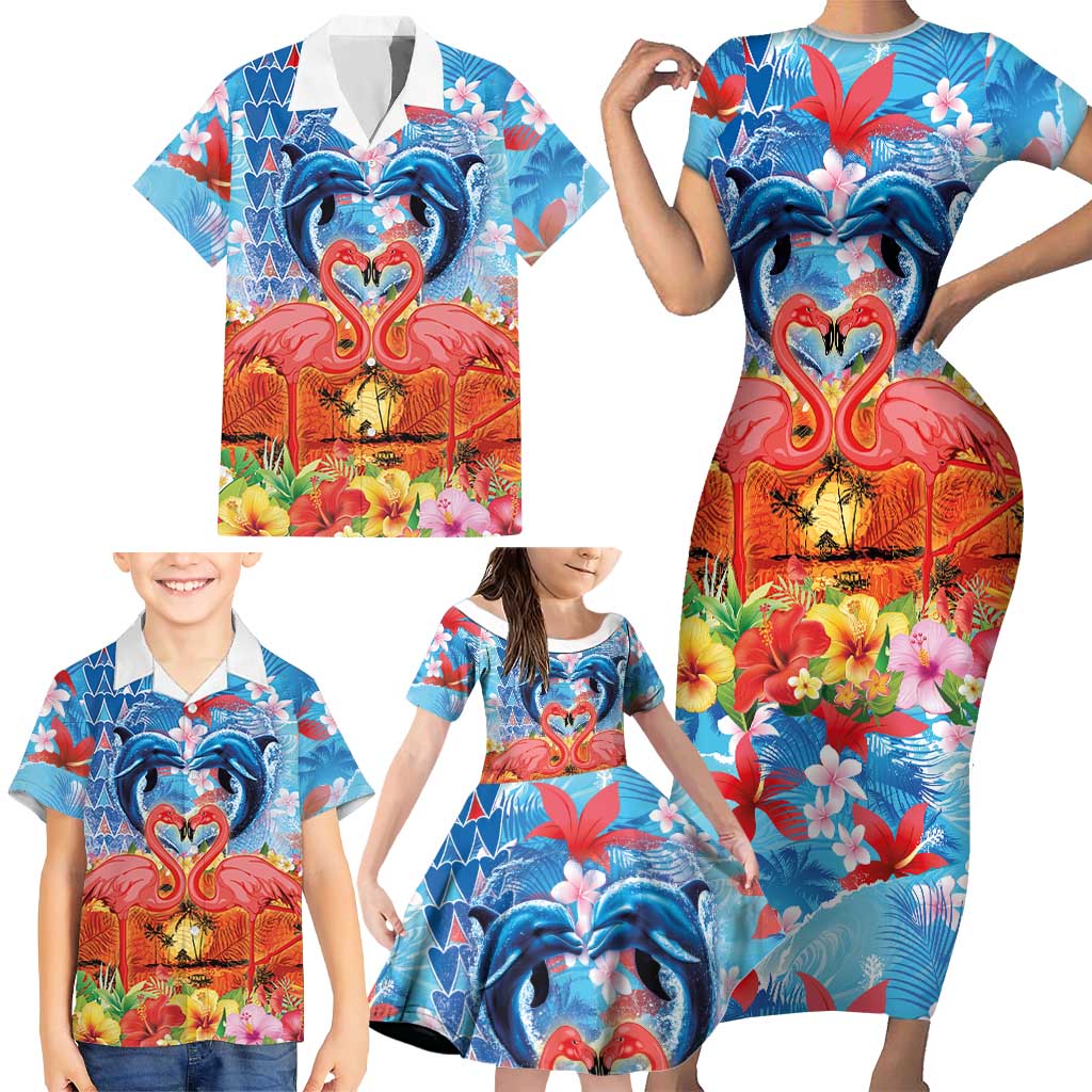 Hawaiian Love-Couple Dolphins and Flamingos Family Matching Short Sleeve Bodycon Dress and Hawaiian Shirt - Polynesian Pride