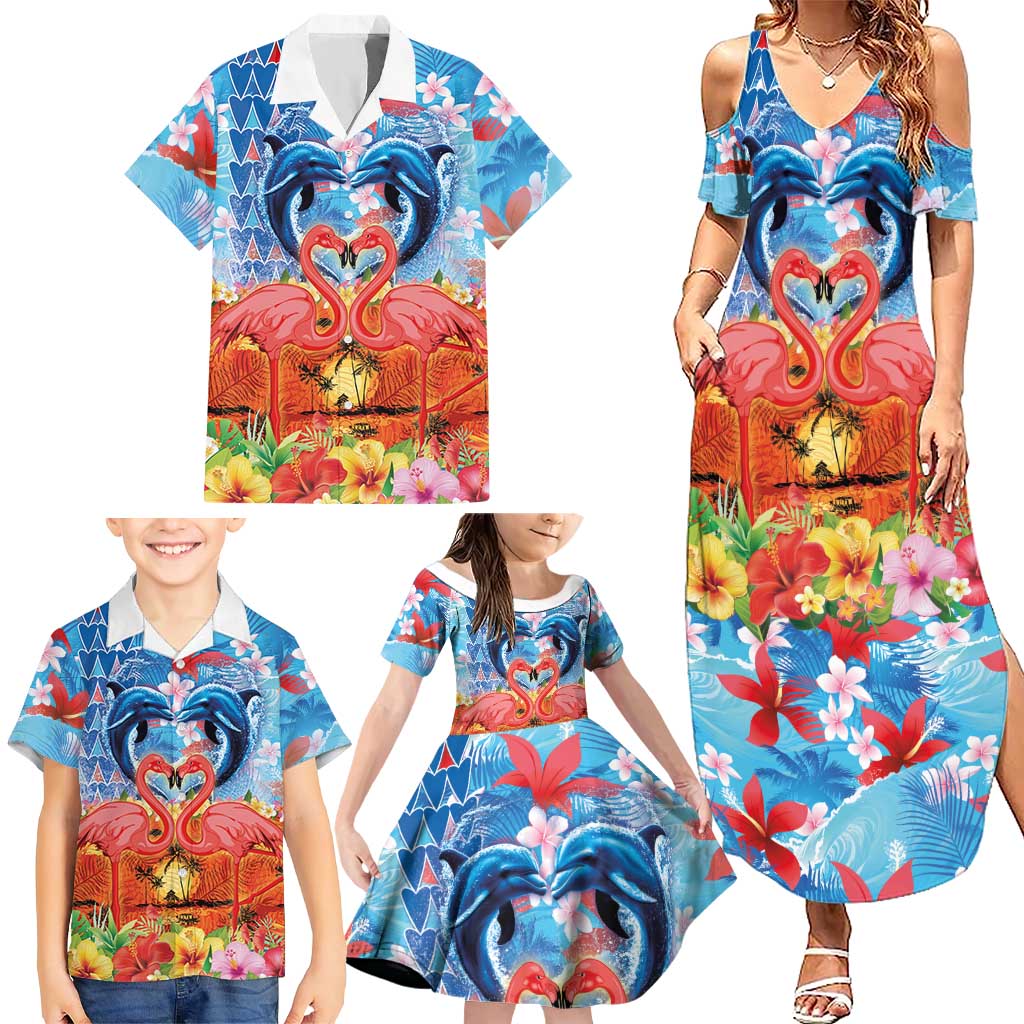 Hawaiian Love-Couple Dolphins and Flamingos Family Matching Summer Maxi Dress and Hawaiian Shirt - Polynesian Pride