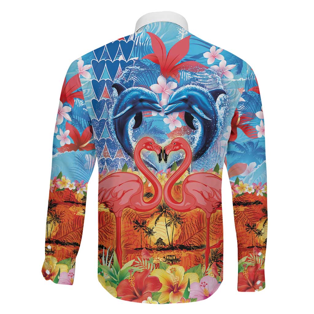 Hawaiian Love-Couple Dolphins and Flamingos Family Matching Summer Maxi Dress and Hawaiian Shirt - Polynesian Pride