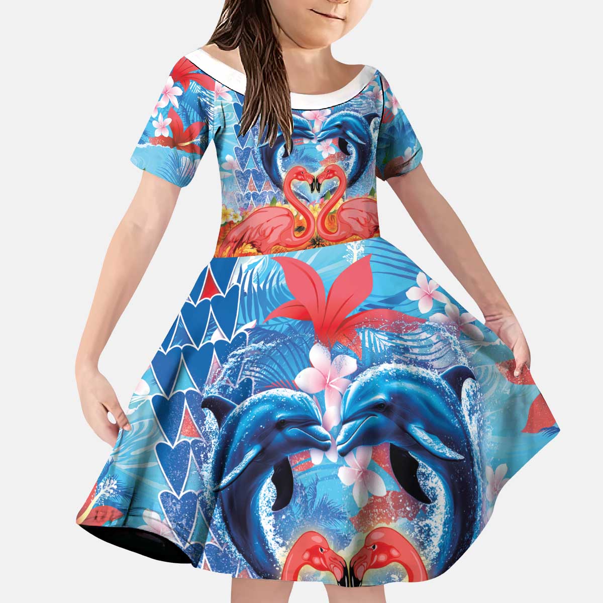 Hawaiian Love-Couple Dolphins and Flamingos Kid Short Sleeve Dress - Polynesian Pride