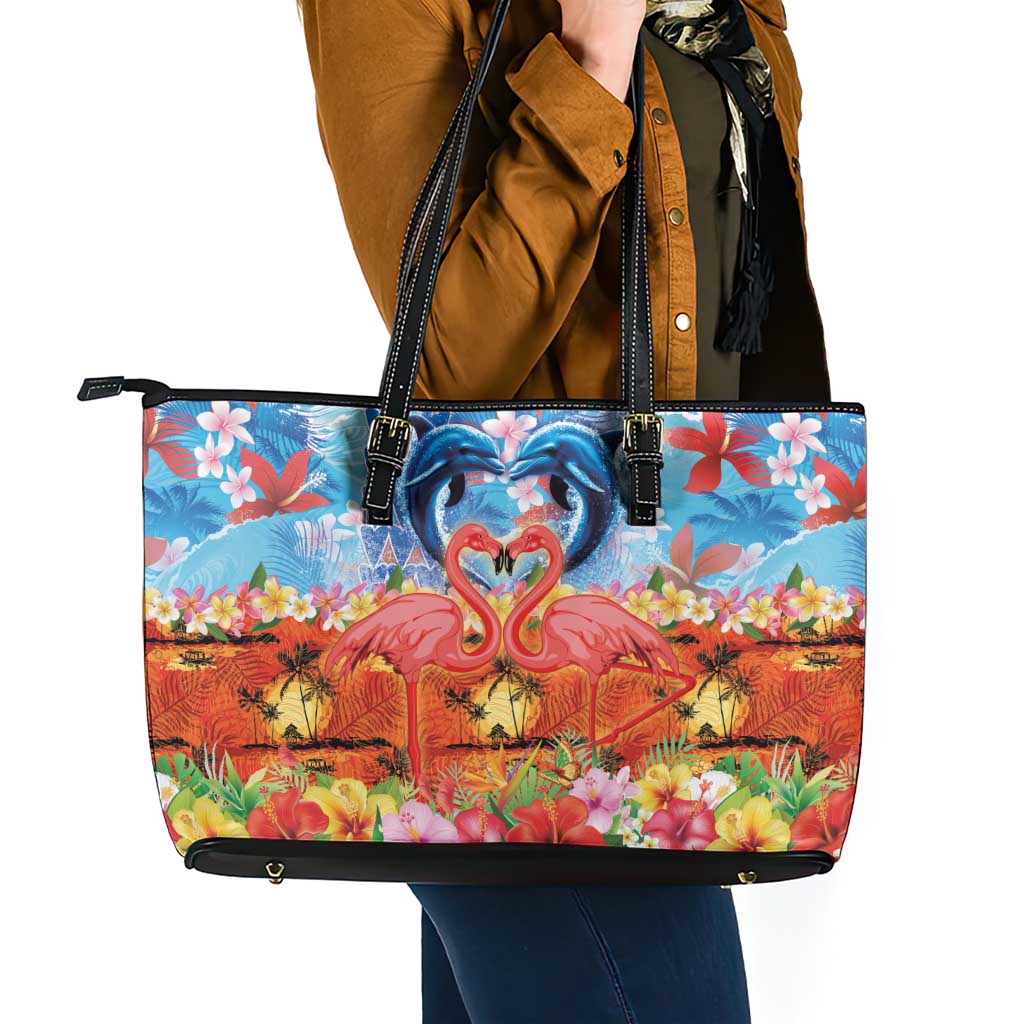 Hawaiian Love-Couple Dolphins and Flamingos Leather Tote Bag - Polynesian Pride