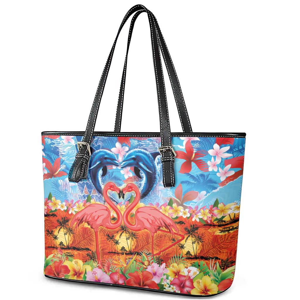 Hawaiian Love-Couple Dolphins and Flamingos Leather Tote Bag - Polynesian Pride
