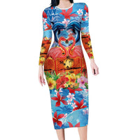Hawaiian Love-Couple Dolphins and Flamingos Long Sleeve Bodycon Dress LT03 Long Dress Multicolor - Polynesian Pride