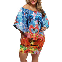 Hawaiian Love-Couple Dolphins and Flamingos Off Shoulder Short Dress LT03 Women Multicolor - Polynesian Pride