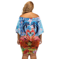 Hawaiian Love-Couple Dolphins and Flamingos Off Shoulder Short Dress LT03 - Polynesian Pride