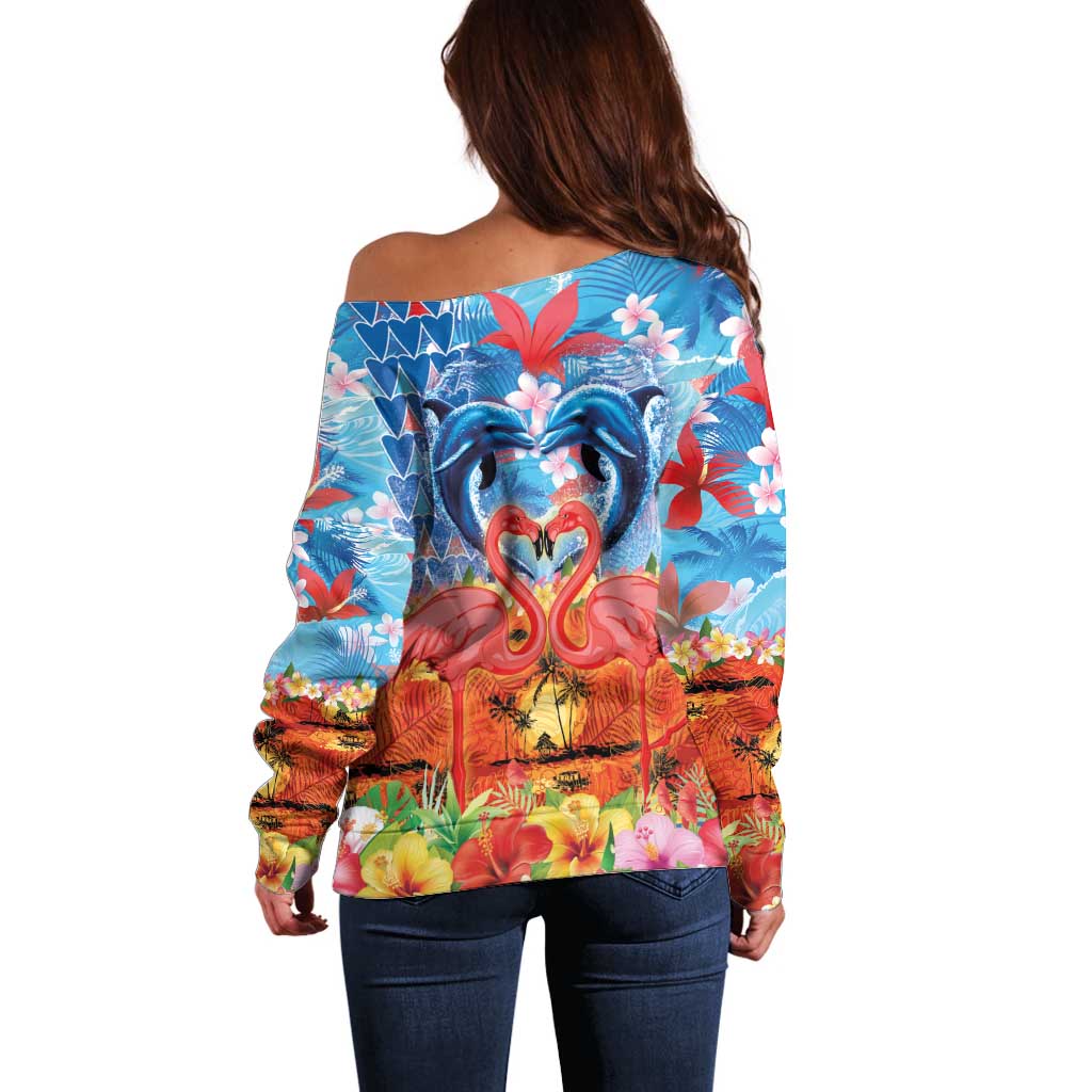 Hawaiian Love-Couple Dolphins and Flamingos Off Shoulder Sweater - Polynesian Pride