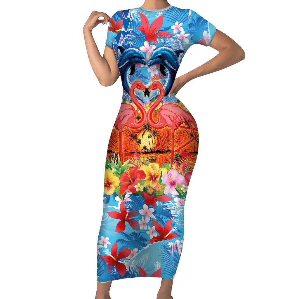 Hawaiian Love-Couple Dolphins and Flamingos Short Sleeve Bodycon Dress - Polynesian Pride