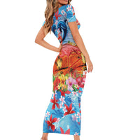 Hawaiian Love-Couple Dolphins and Flamingos Short Sleeve Bodycon Dress - Polynesian Pride