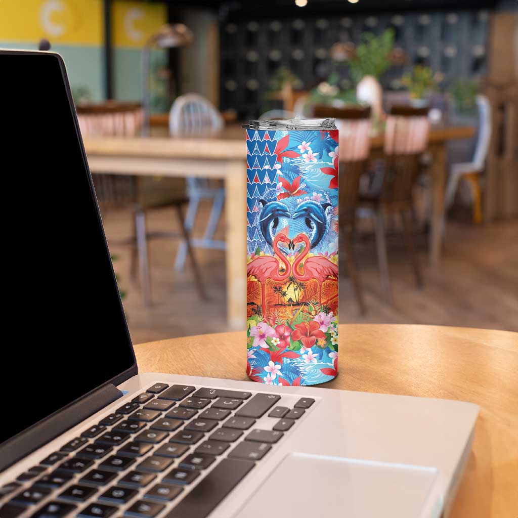 Hawaiian Love-Couple Dolphins and Flamingos Skinny Tumbler - Polynesian Pride