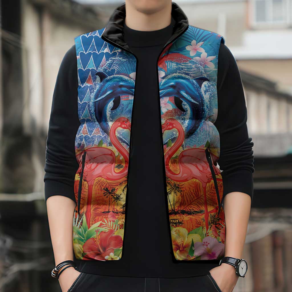 Hawaiian Love-Couple Dolphins and Flamingos Sleeveless Puffer Jacket LT03 - Polynesian Pride