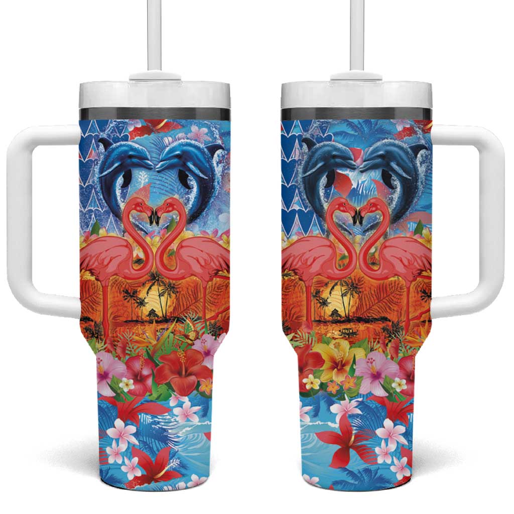 Hawaiian Love-Couple Dolphins and Flamingos Tumbler With Handle LT03 One Size: 40 oz Multicolor - Polynesian Pride