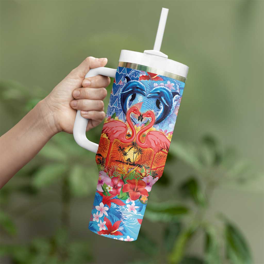 Hawaiian Love-Couple Dolphins and Flamingos Tumbler With Handle LT03 - Polynesian Pride