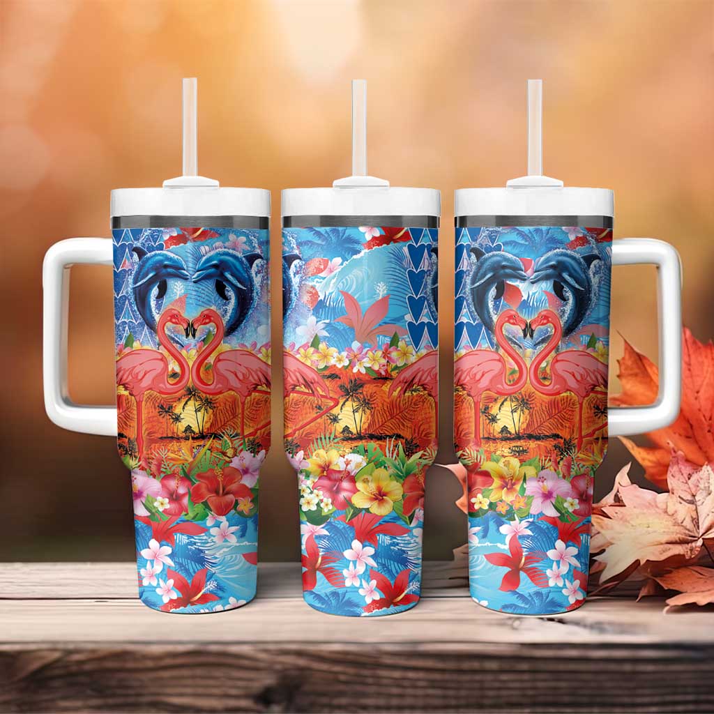 Hawaiian Love-Couple Dolphins and Flamingos Tumbler With Handle LT03 - Polynesian Pride