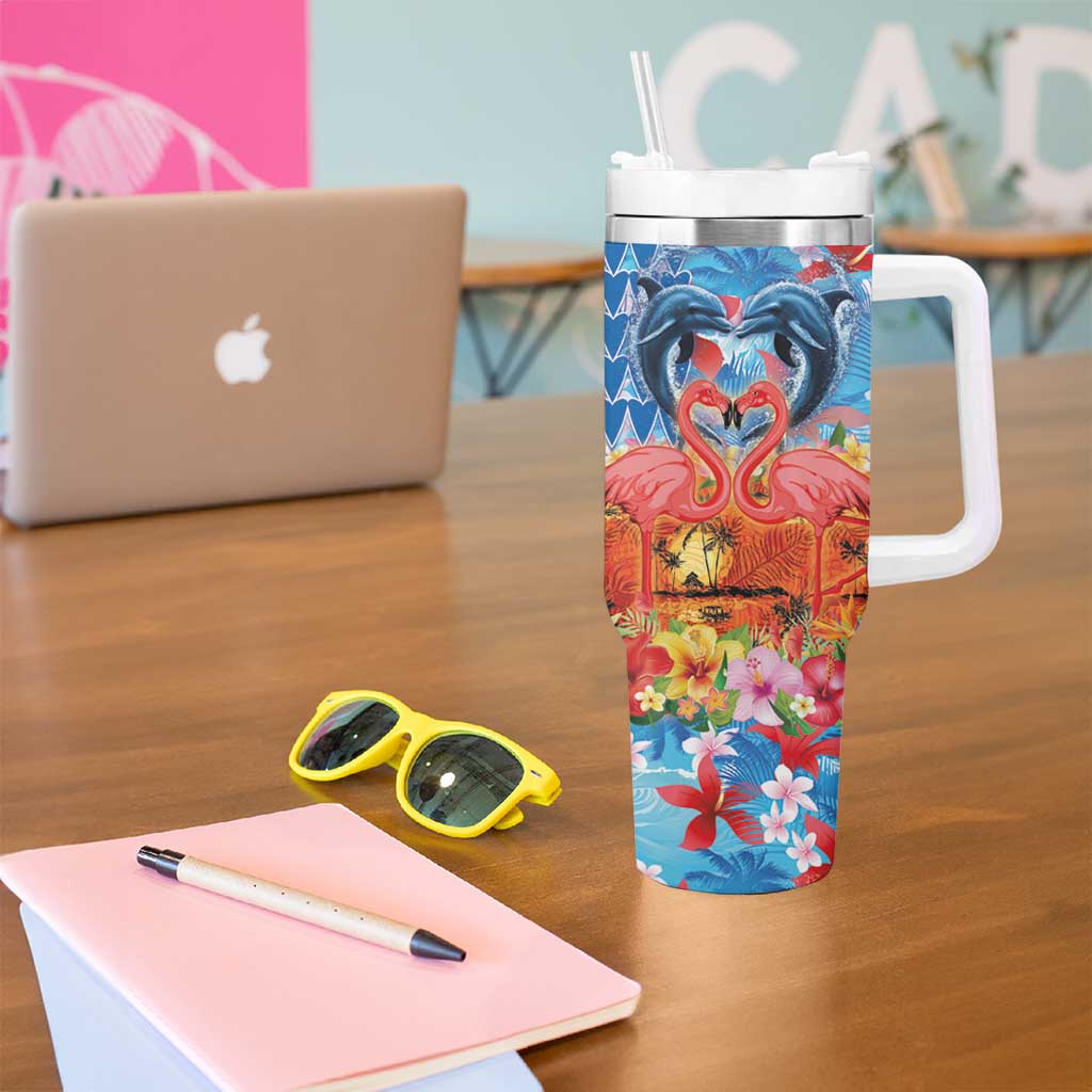 Hawaiian Love-Couple Dolphins and Flamingos Tumbler With Handle LT03 - Polynesian Pride