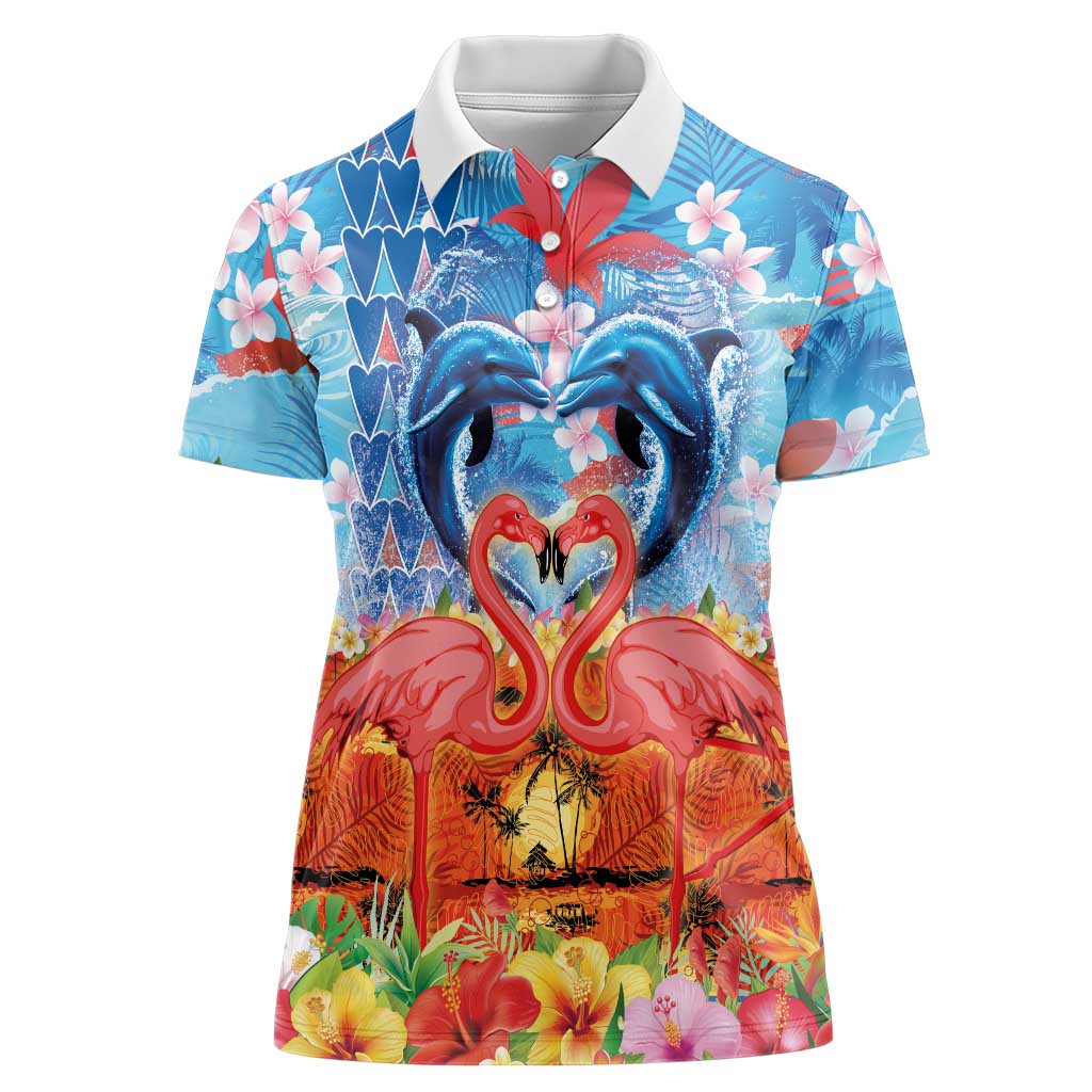 Hawaiian Love-Couple Dolphins and Flamingos Women Polo Shirt - Polynesian Pride