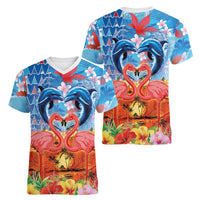 Hawaiian Love-Couple Dolphins and Flamingos Women V-Neck T-Shirt - Polynesian Pride