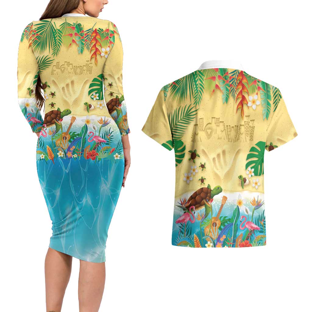 Hawaiian Alohawaii Couples Matching Long Sleeve Bodycon Dress and Hawaiian Shirt Tropical Plants and Animals on The Beach - Polynesian Pride