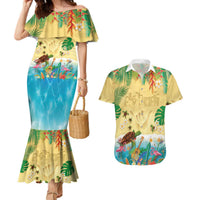 Hawaiian Alohawaii Couples Matching Mermaid Dress and Hawaiian Shirt Tropical Plants and Animals on The Beach - Polynesian Pride