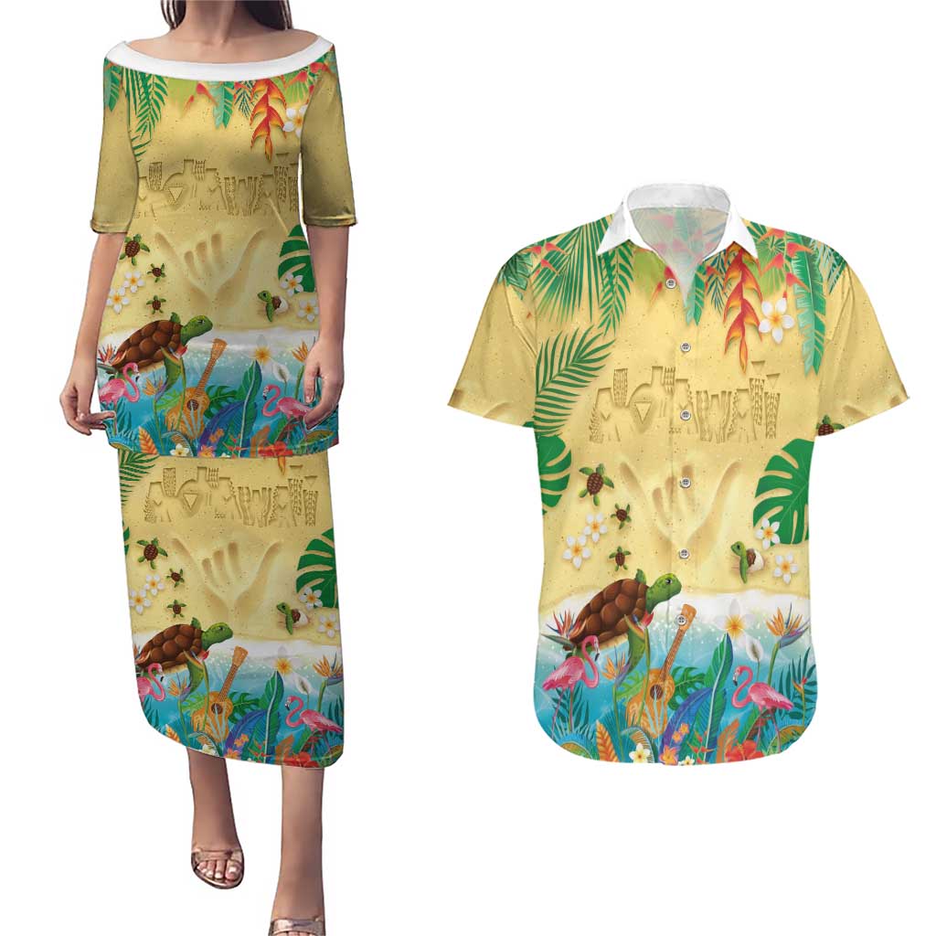 Hawaiian Alohawaii Couples Matching Puletasi and Hawaiian Shirt Tropical Plants and Animals on The Beach - Polynesian Pride