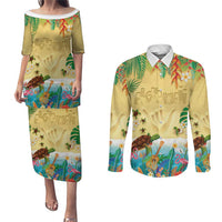 Hawaiian Alohawaii Couples Matching Puletasi and Long Sleeve Button Shirt Tropical Plants and Animals on The Beach - Polynesian Pride