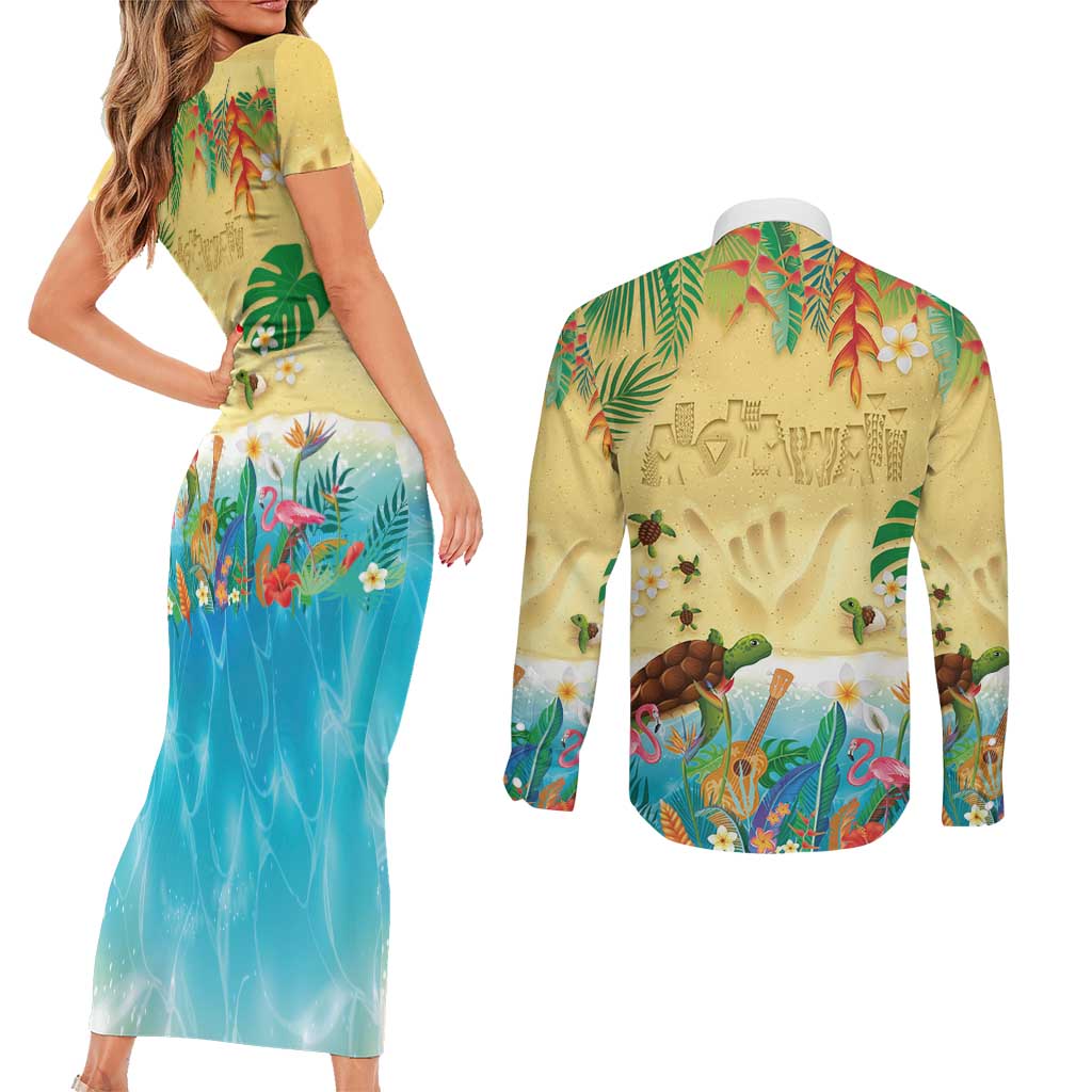 Hawaiian Alohawaii Couples Matching Short Sleeve Bodycon Dress and Long Sleeve Button Shirt Tropical Plants and Animals on The Beach - Polynesian Pride