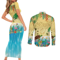 Hawaiian Alohawaii Couples Matching Short Sleeve Bodycon Dress and Long Sleeve Button Shirt Tropical Plants and Animals on The Beach - Polynesian Pride