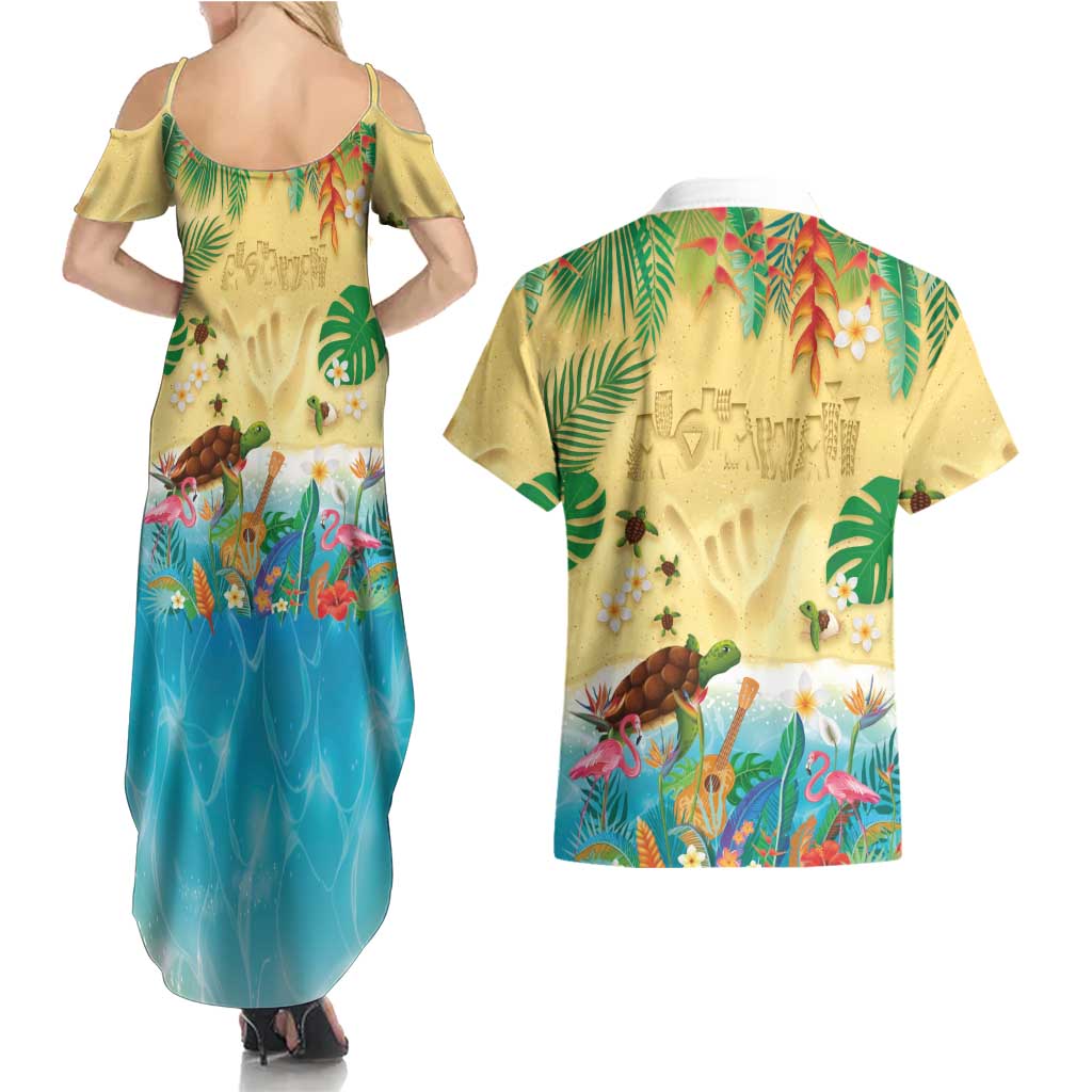 Hawaiian Alohawaii Couples Matching Summer Maxi Dress and Hawaiian Shirt Tropical Plants and Animals on The Beach - Polynesian Pride