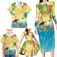 Hawaiian Alohawaii Family Matching Long Sleeve Bodycon Dress and Hawaiian Shirt Tropical Plants and Animals on The Beach - Polynesian Pride