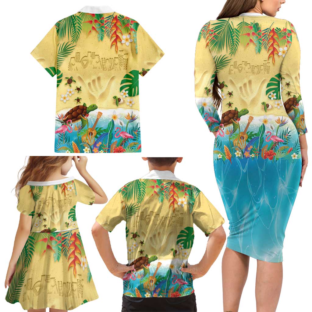 Hawaiian Alohawaii Family Matching Long Sleeve Bodycon Dress and Hawaiian Shirt Tropical Plants and Animals on The Beach - Polynesian Pride