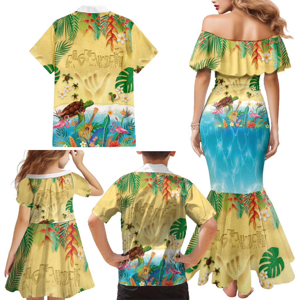 Hawaiian Alohawaii Family Matching Mermaid Dress and Hawaiian Shirt Tropical Plants and Animals on The Beach - Polynesian Pride