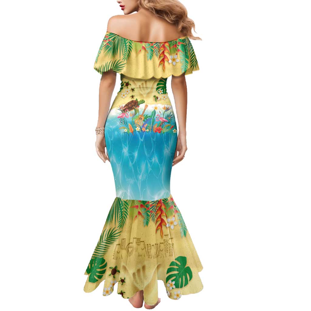 Hawaiian Alohawaii Family Matching Mermaid Dress and Hawaiian Shirt Tropical Plants and Animals on The Beach - Polynesian Pride