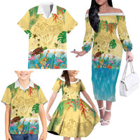 Hawaiian Alohawaii Family Matching Off The Shoulder Long Sleeve Dress and Hawaiian Shirt Tropical Plants and Animals on The Beach - Polynesian Pride