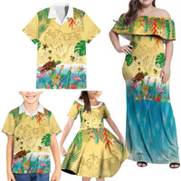 Hawaiian Alohawaii Family Matching Off Shoulder Maxi Dress and Hawaiian Shirt Tropical Plants and Animals on The Beach - Polynesian Pride