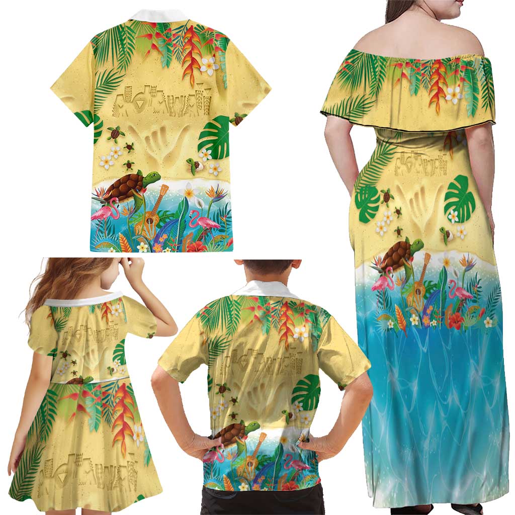 Hawaiian Alohawaii Family Matching Off Shoulder Maxi Dress and Hawaiian Shirt Tropical Plants and Animals on The Beach - Polynesian Pride