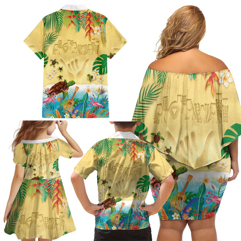 Hawaiian Alohawaii Family Matching Off Shoulder Short Dress and Hawaiian Shirt Tropical Plants and Animals on The Beach - Polynesian Pride