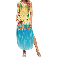 Hawaiian Alohawaii Family Matching Summer Maxi Dress and Hawaiian Shirt Tropical Plants and Animals on The Beach - Polynesian Pride