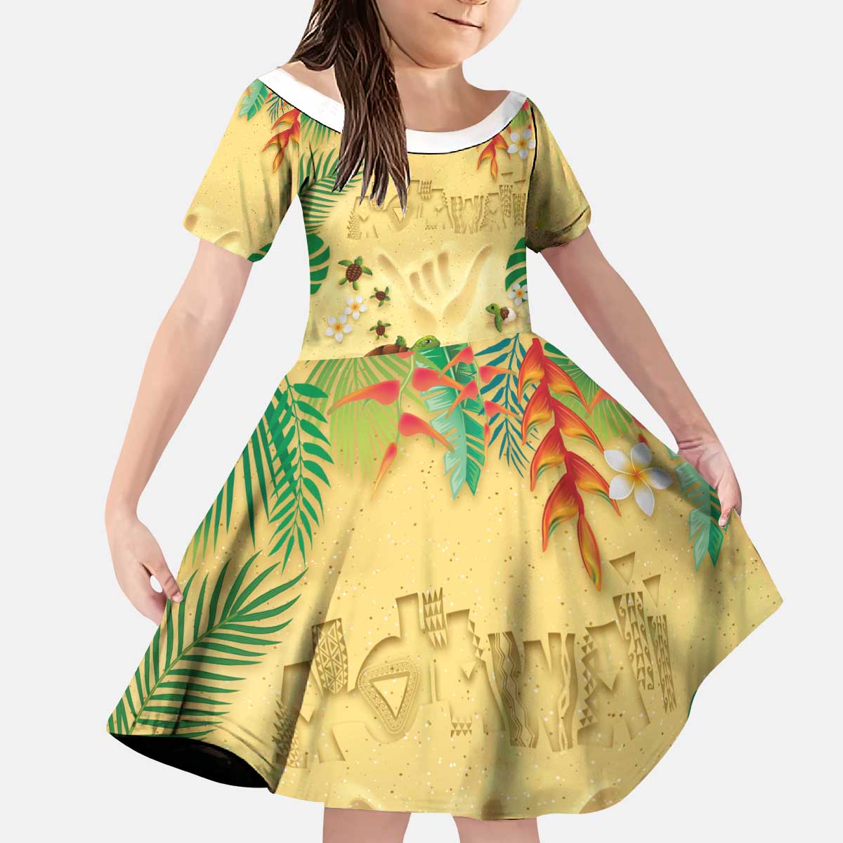Hawaiian Alohawaii Kid Short Sleeve Dress Tropical Plants and Animals on The Beach LT03 KID Multicolor - Polynesian Pride