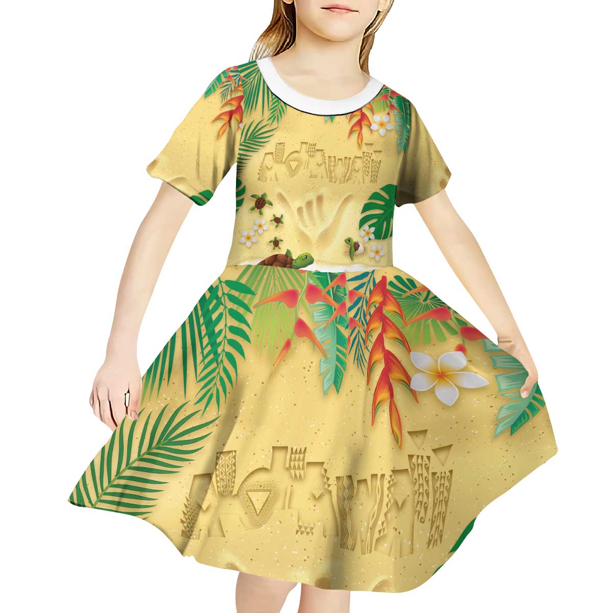 Hawaiian Alohawaii Kid Short Sleeve Dress Tropical Plants and Animals on The Beach LT03 - Polynesian Pride