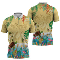 Hawaiian Alohawaii Zipper Polo Shirt Tropical Plants and Animals on The Beach - Polynesian Pride