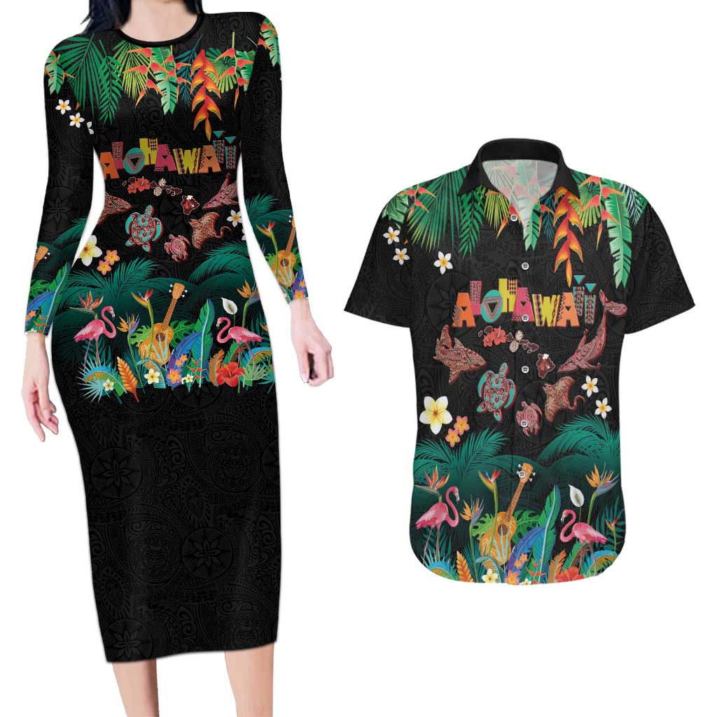Hawaiian Alohawaii Couples Matching Long Sleeve Bodycon Dress and Hawaiian Shirt Tribal Sea Animals Tattoo and Tropical Plants - Polynesian Pride