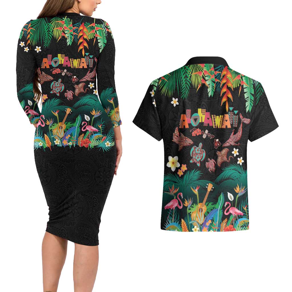 Hawaiian Alohawaii Couples Matching Long Sleeve Bodycon Dress and Hawaiian Shirt Tribal Sea Animals Tattoo and Tropical Plants - Polynesian Pride