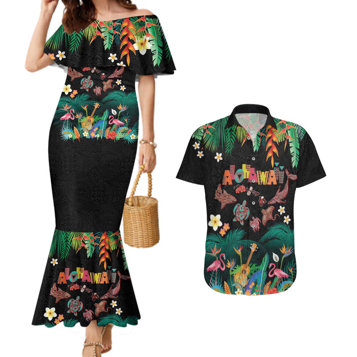 Hawaiian Alohawaii Couples Matching Mermaid Dress and Hawaiian Shirt Tribal Sea Animals Tattoo and Tropical Plants LT03 Black - Polynesian Pride