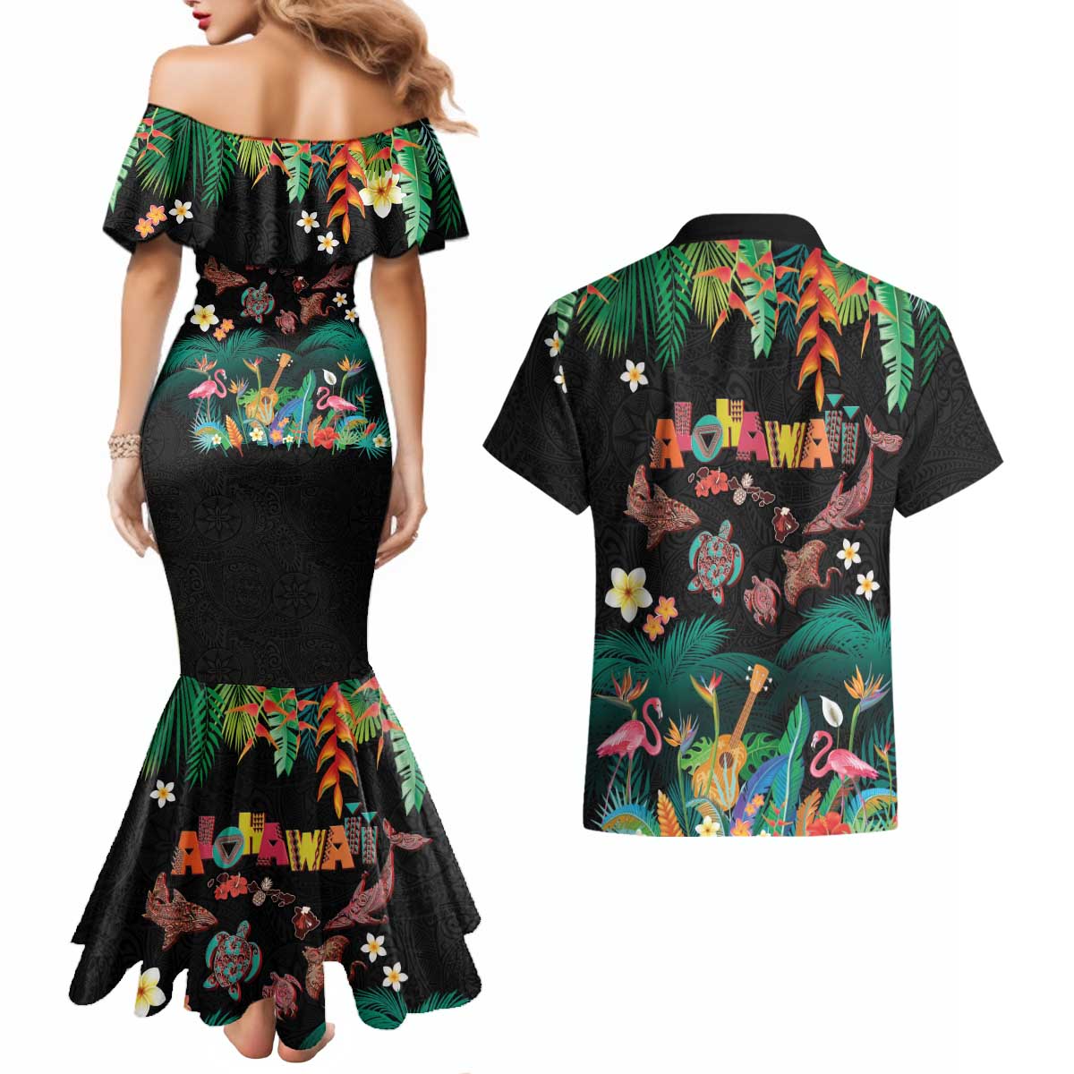 Hawaiian Alohawaii Couples Matching Mermaid Dress and Hawaiian Shirt Tribal Sea Animals Tattoo and Tropical Plants LT03 - Polynesian Pride