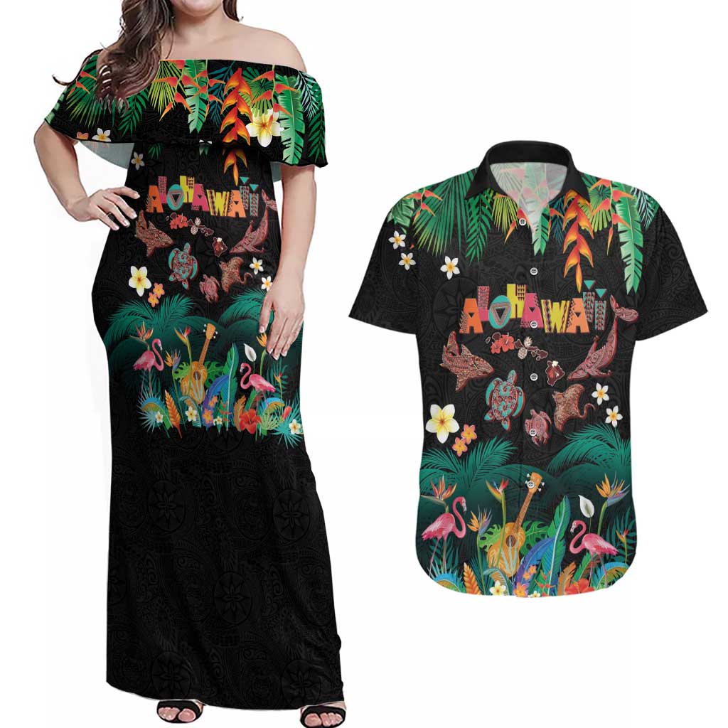 Hawaiian Alohawaii Couples Matching Off Shoulder Maxi Dress and Hawaiian Shirt Tribal Sea Animals Tattoo and Tropical Plants - Polynesian Pride