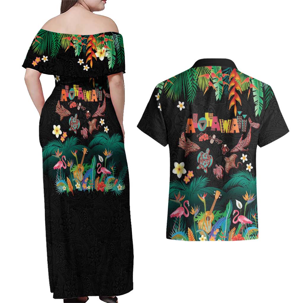 Hawaiian Alohawaii Couples Matching Off Shoulder Maxi Dress and Hawaiian Shirt Tribal Sea Animals Tattoo and Tropical Plants - Polynesian Pride