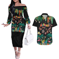 Hawaiian Alohawaii Couples Matching Off The Shoulder Long Sleeve Dress and Hawaiian Shirt Tribal Sea Animals Tattoo and Tropical Plants - Polynesian Pride