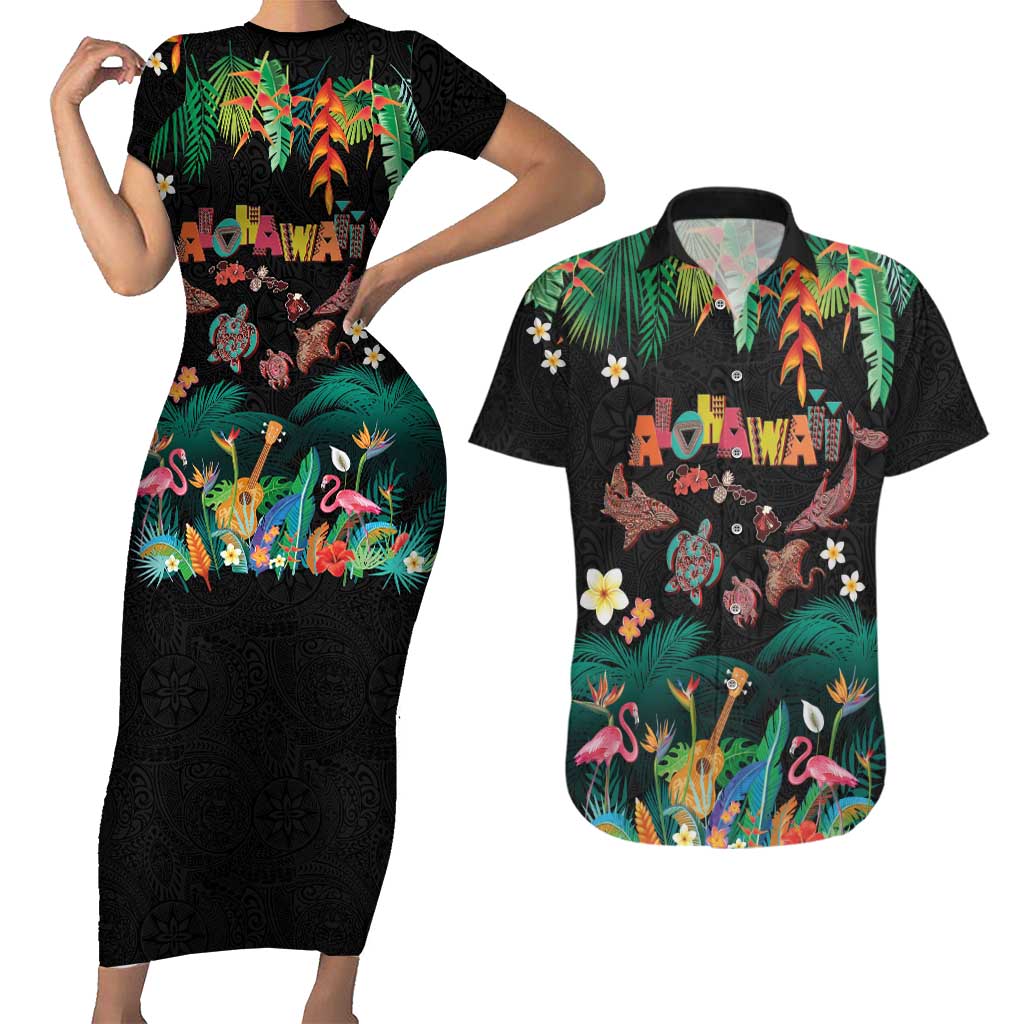 Hawaiian Alohawaii Couples Matching Short Sleeve Bodycon Dress and Hawaiian Shirt Tribal Sea Animals Tattoo and Tropical Plants - Polynesian Pride